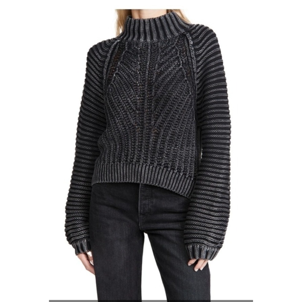 Free People Sweetheart Mock Neck Sweater Black Gray Chunky Knit Boho Western L